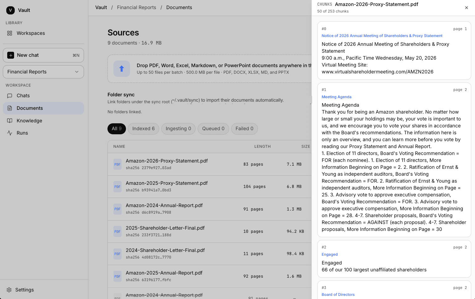 Vault Sources view showing indexed business documents and extracted source chunks